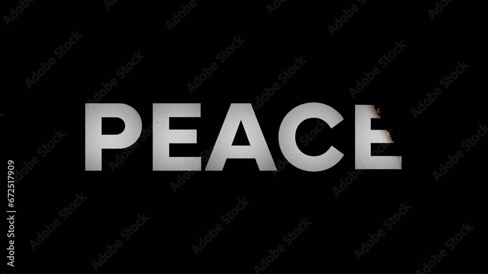 Video text animation. Peace word appears and burnout with smoke, fire and ember effect on black background. Design element for banner, news. Sample of font use Video text animation. Peace word appears and burnout with smoke, fire and ember effect on black background. Design element for banner, news. Sample of font use