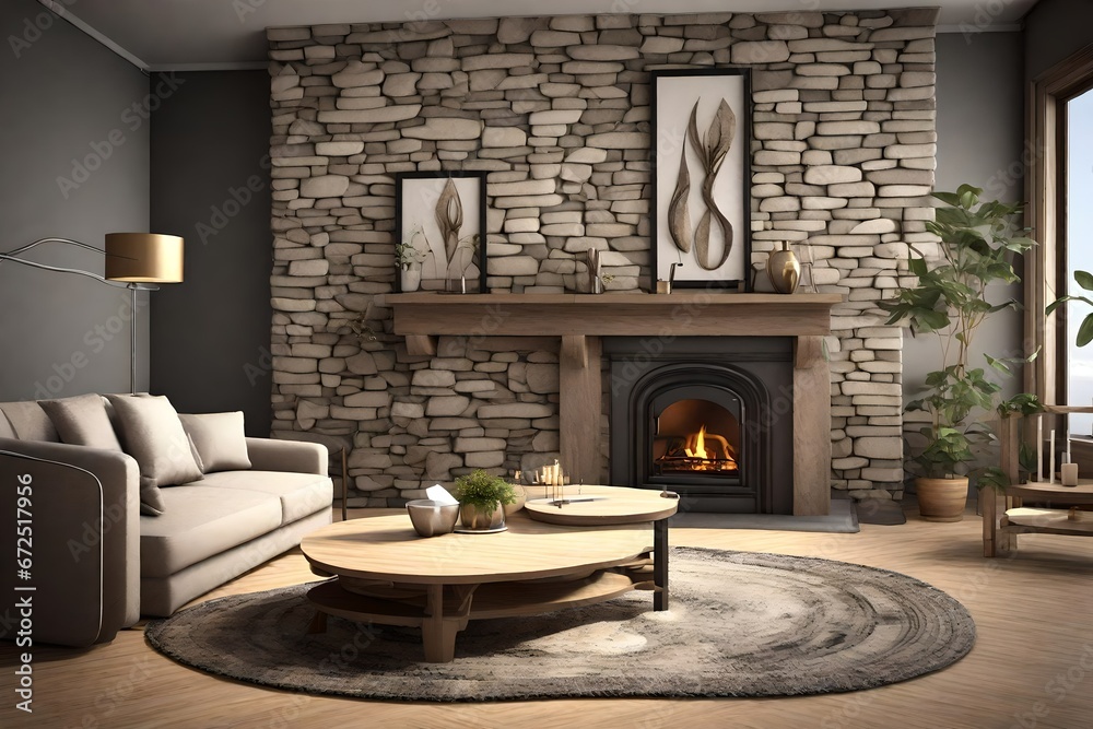 a living room, a stone fireplace, a mini table, attractive style,
