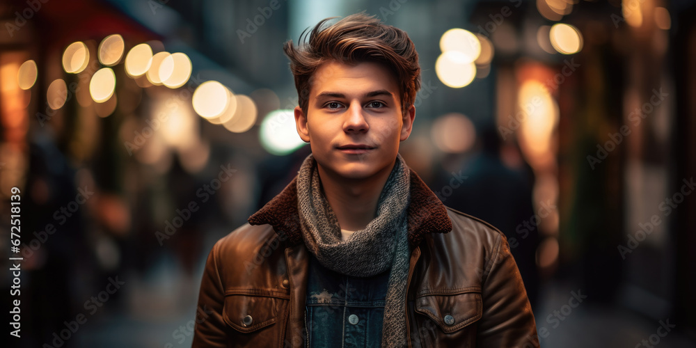 Handsome Man wearing warm casual clothes a scarf and a jacket on a evening street background, cityscape