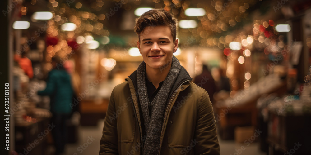 Young Man in a Christmas market. Christmas Shopping. Portrait of a Male wearing in trend casual warm clothing on a market, store, shop background