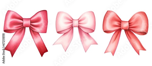 Isolated decorative bows made of colorful red and pink watercolor ribbon