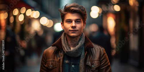 Handsome Man wearing warm casual clothes a scarf and a jacket on a evening street background, cityscape © maxa0109