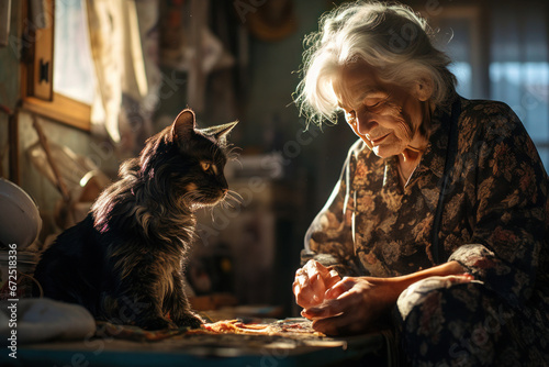 An extremely old, unattractive, and gray-haired woman inside her apartment caring for her elderly cat. The apartment has a modest setting