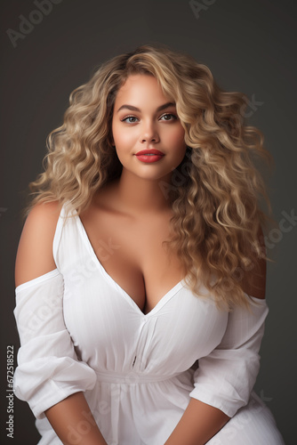 portrait of attractive busty young woman with wavy blonde hair