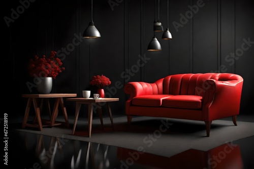 a red sofa, mini table, againt black background, attractive scene, photo