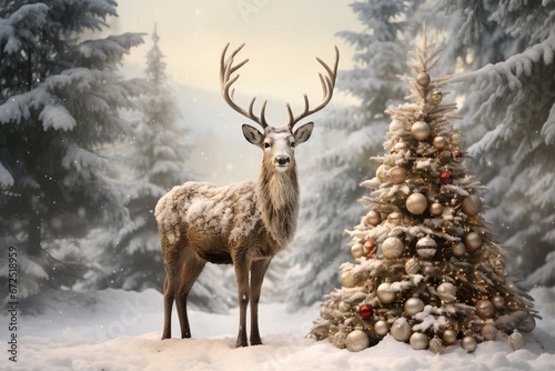 Santa Claus' Reindeer Deer Snow Mountain Christmas Tree Merry Xmas