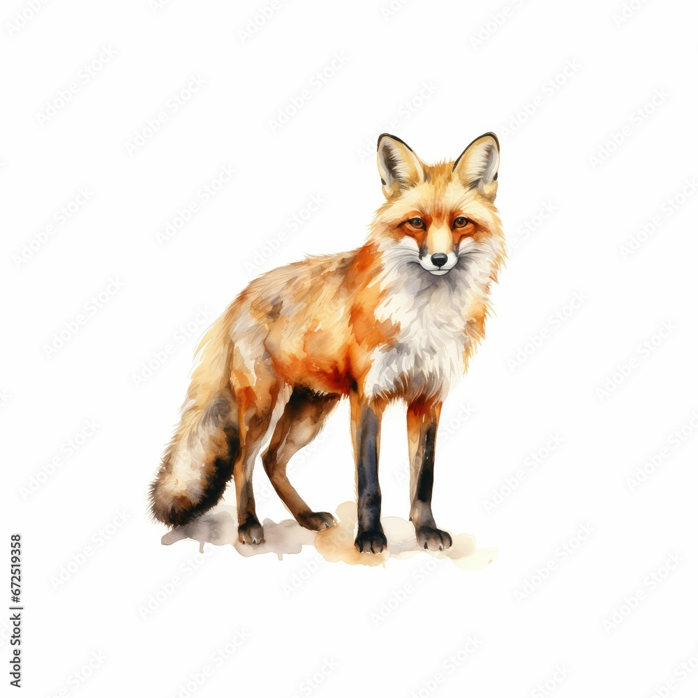 Obraz premium AI-generated illustration of a watercolor of a fox standing in front of a pristine white background