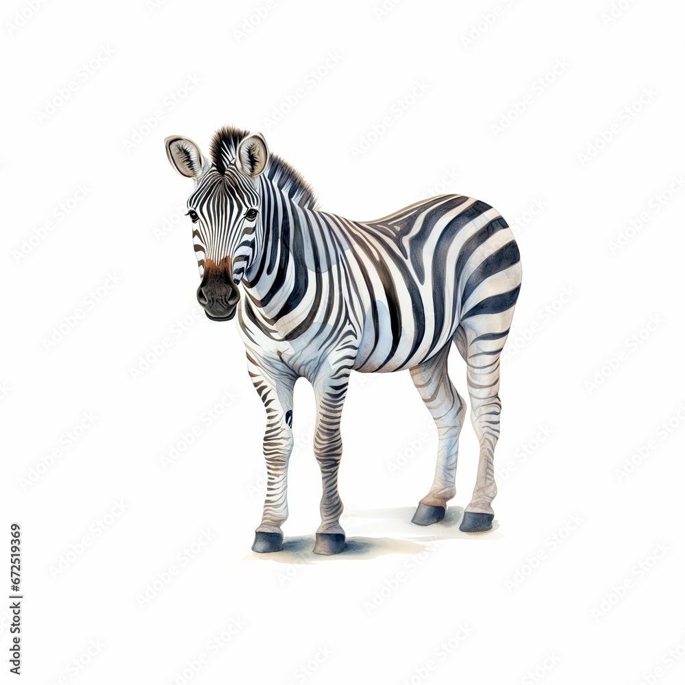AI-generated illustration of a watercolor of a single zebra standing on a white background AI-generated illustration of a watercolor of a single zebra standing on a white background