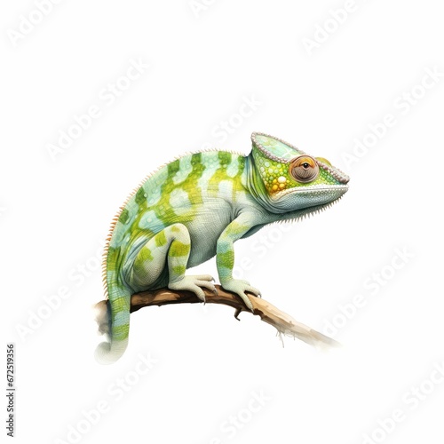 an orange, white and green lizard with spots sitting on top of a tree branch © Wirestock
