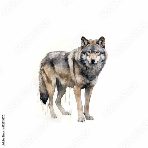 AI generated illustration of A majestic, grey wolf on a white background