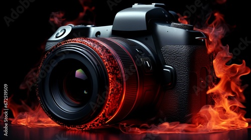 AI generated illustration of a digital camera in red flames against a dark background