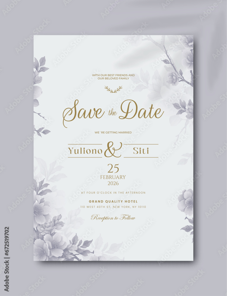 single sided wedding invitation design template with flower watercolor