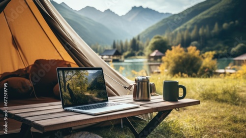 outdoor desktop business office beside camping tent on summer holiday. 