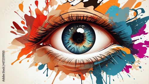 a digital art representation of an eye surrounded by vibrant splashes of paint in hues of blue, orange, red, white, and black, creating an abstract and surreal visual experience