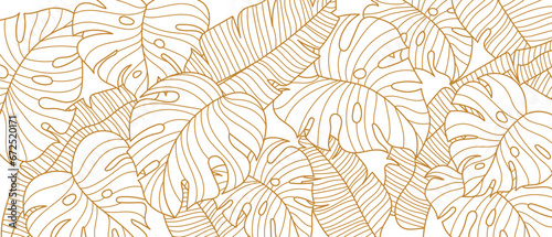 Tropical leaf line art wallpaper background vector. Natural monstera and banana leaves pattern design in minimalist linear.