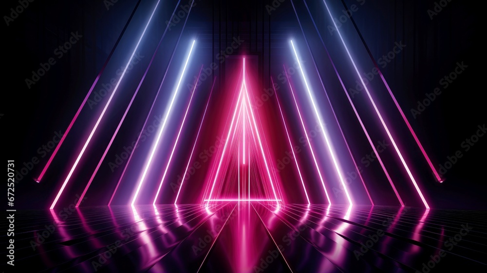 Abstract futuristic neon glowing lamps in dark corridor, Technology background