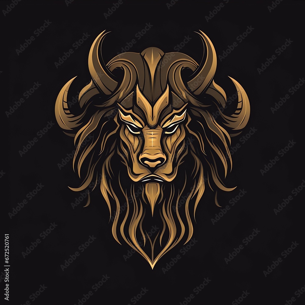 AI generated illustration of a golden bull head on a dark background