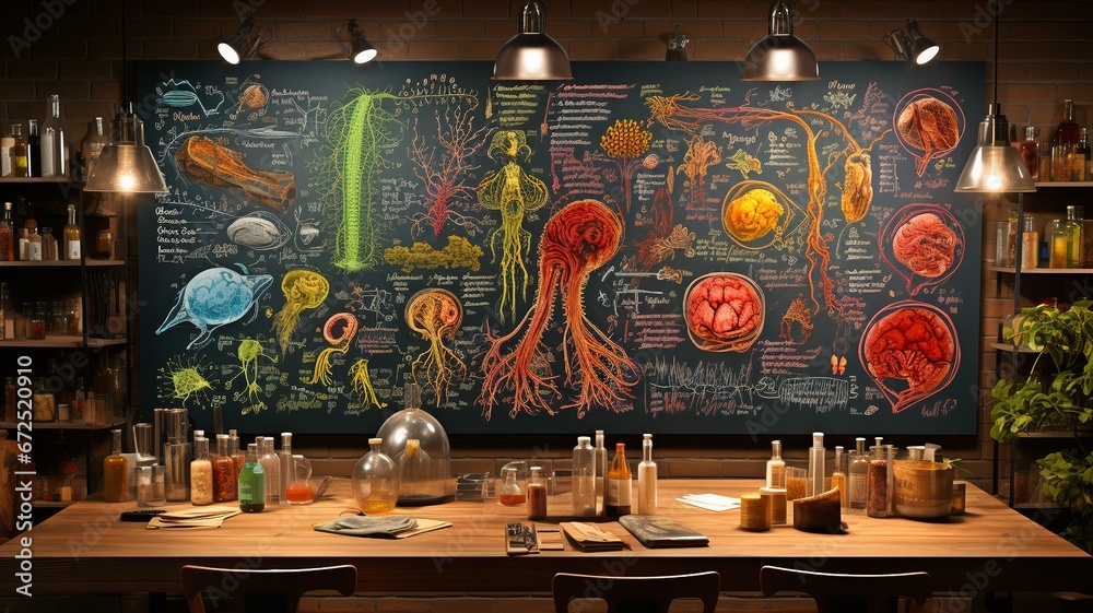 Images of biology on a classroom board.