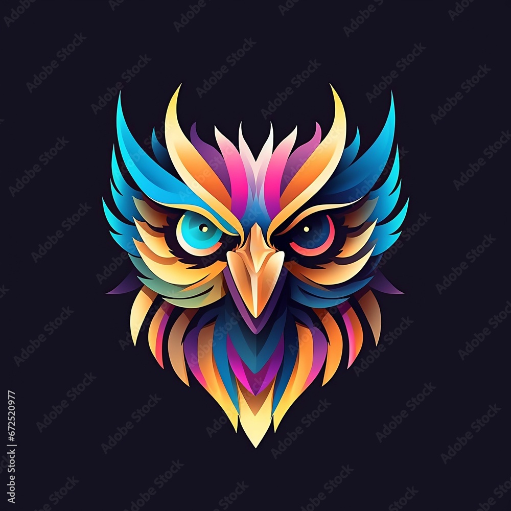 AI generated illustration of an intricate colorful bird logo on a dark background