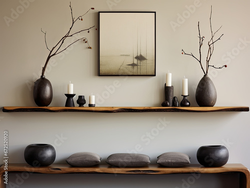 Wooden Floating Shelf with Triptych Frames and Vase