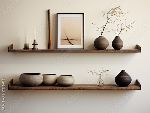 Sleek Wood Floating Shelf with Triptych Frames and Vase