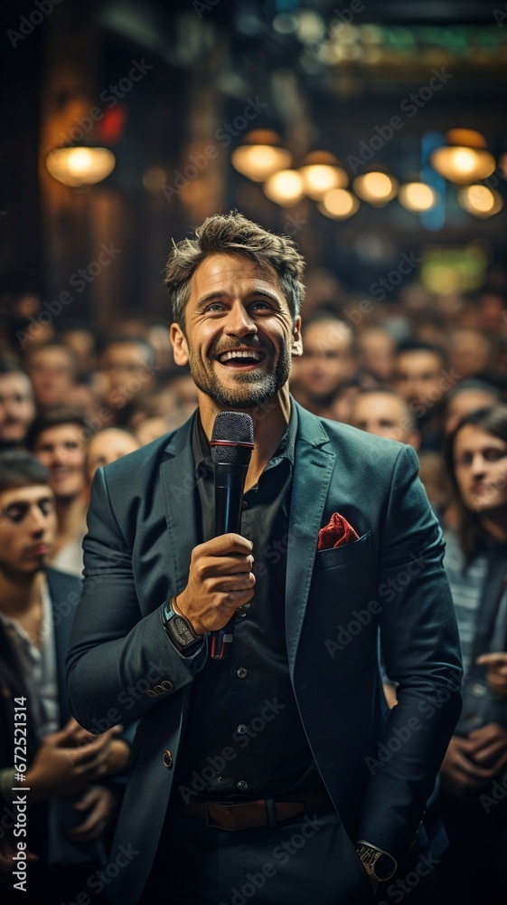 attractive inspirational speaker with a microphone in front of the audience. Man addressing a crowd while under the spotlight.. attractive inspirational speaker with a microphone in front of the audience. Man addressing a crowd while under the spotlight..