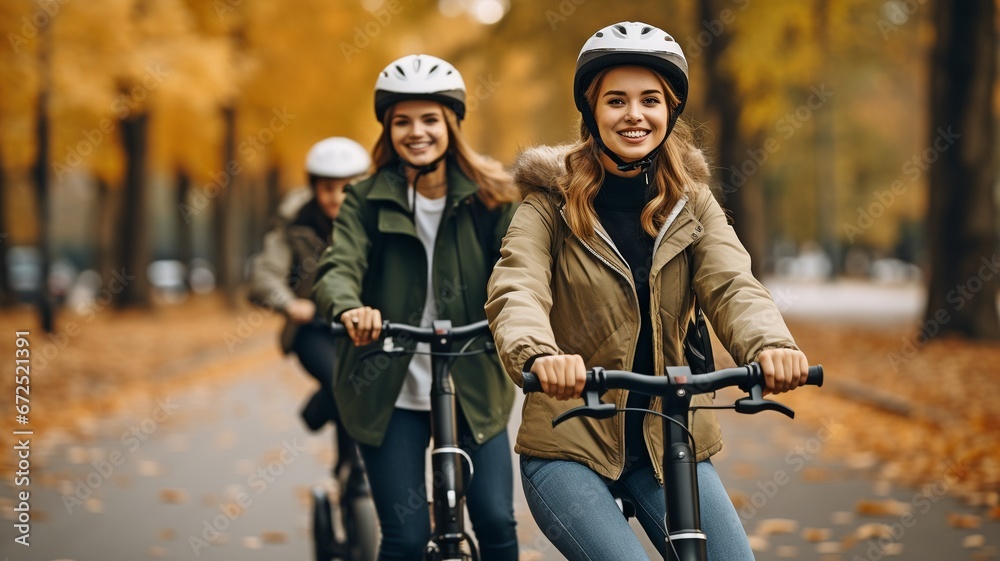 Fototapeta premium A joyful group of students riding electric scooters.
