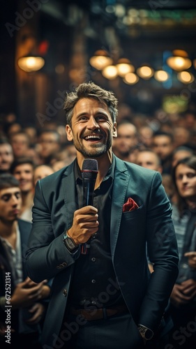 attractive inspirational speaker with a microphone in front of the audience. Man addressing a crowd while under the spotlight..