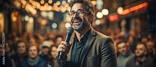 attractive inspirational speaker with a microphone in front of the audience. Man addressing a crowd while under the spotlight.. photo