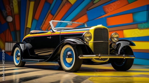 Vintage1930s roadster hotrod car on a colorful background, AI-generated. © Wirestock