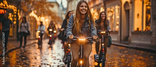 A joyful group of students riding electric scooters.