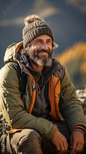 Mature, content, and happily smiling hiker enjoying hot tea while venturing outside.