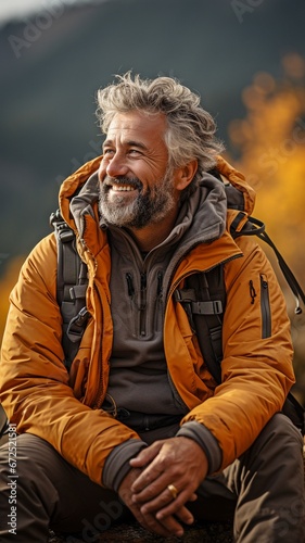 Mature, content, and happily smiling hiker enjoying hot tea while venturing outside.