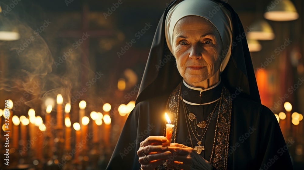 Christian nun who is immoral is smoking a cigarette from a flaming candle. - obrazy, fototapety, plakaty 