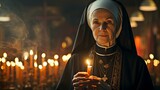 Christian nun who is immoral is smoking a cigarette from a flaming candle.