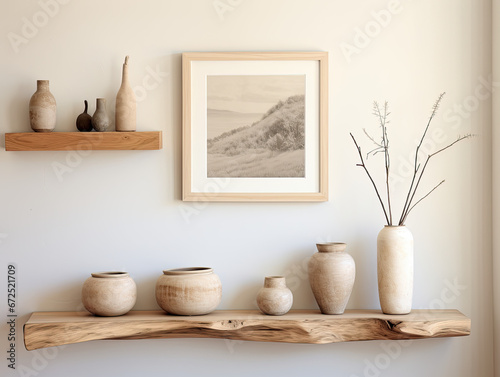 Cedar Wood Floating Shelf with Rustic Frames and a Clay Vase