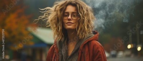 Raincoat-wearing hipster woman spouting smoke . photo