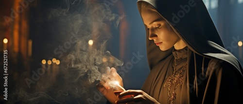 Christian nun who is immoral is smoking a cigarette from a flaming candle.