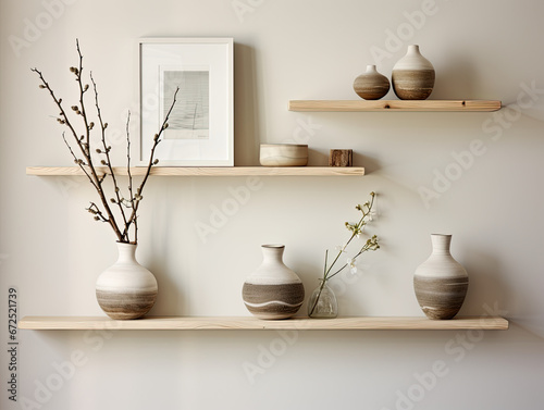 Birch Wood Floating Shelf with Square Frames and a Porcelain Vase