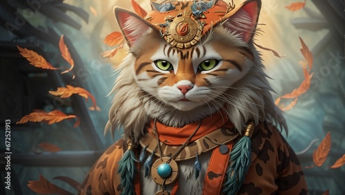 AI generated illustration of a cat wearing an intricate costume resembling an Egyptian goddess