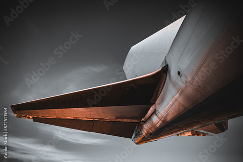 An abstract view from below photo of the tail of Jumbo jet Boeing model 747 aircraft