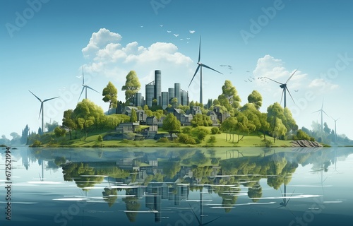 Contemporary wind turbines and illustration - Eco-friendly, renewable energy concept. © tongpatong
