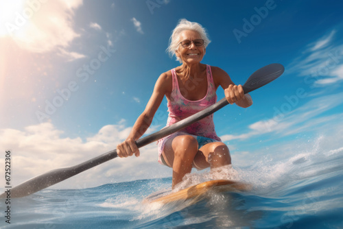 A happy elderly woman swims in the sea on a sup-surfing board, paddle board. Active recreation at sea.  photo