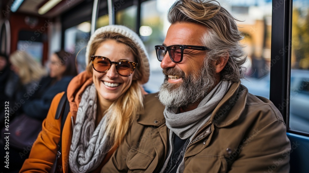 A middle-aged man and a senior woman conversing while riding the tram .