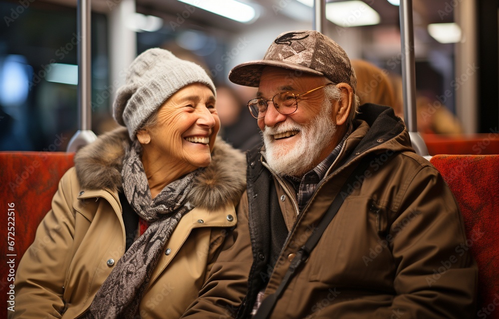 Fototapeta premium A middle-aged man and a senior woman conversing while riding the tram .