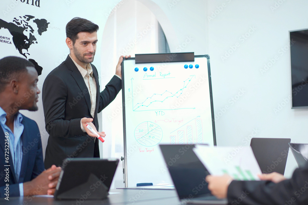 Businesspeople in meeting room discussing business plan.