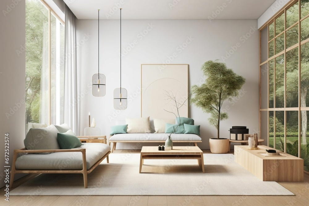 AI generated illustration of An inviting modern living room featuring two comfortable sofas AI generated illustration of An inviting modern living room featuring two comfortable sofas