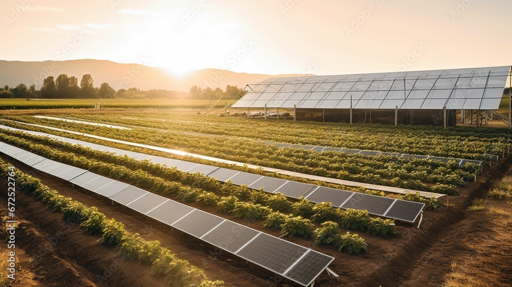 AI generated illustration of a large field of solar panels in a lush agricultural landscape - obrazy, fototapety, plakaty 