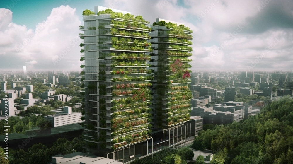 AI generated illustration of a multi-storied green building surrounded by lush