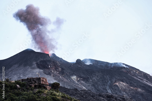 An eruption with lava fountain of the active Volcano Stromboli located on the island of Stromboli  which is one of the seven Aeolian Islands in the northern part of Sicily  Italy